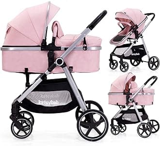 2-in-1 Baby Stroller with Bassinet Mode - Folding Infant Newborn Pram Stroller with Reversible Seat - Toddler Strollers for 0-36 Months Old Babies (Pink)