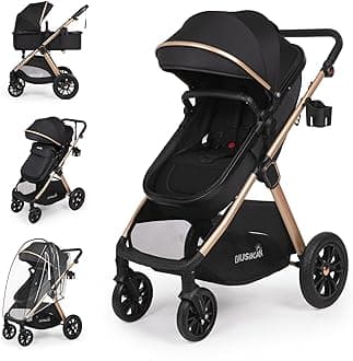 6-in-1 Convertible Baby Stroller with Bassinet Pushchair - Folding Infant Newborn Stroller w/Footmuff, Rain Cover, Cup Holder & Large Storage, Toddler w/All-Scene Large Wheels, Reversible Seat(Black)