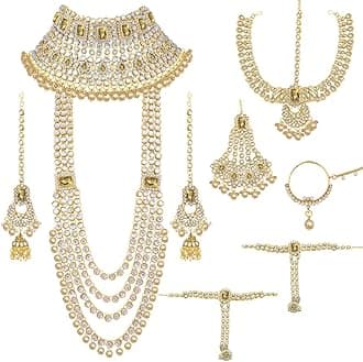 Traditional Wedding Indian Bharatanatyam jewellery set Long Choker Necklace Earrings Maang Tikka Nath Paasa Hath Phool Gift for Women