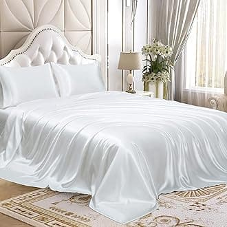 4pcs Satin Sheets Set Luxury Silky Satin Bedding Set with Deep Pocket 1 Fitted Sheet + 1 Flat Sheet + 2 Pillowcases (King Size, White)