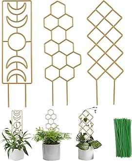 Plant Trellis for Climbing Plants Indoor, 16.75 Inch Gold Small Garden Metal Houseplant Trellis for Potted Plants Outdoor with Different Patterns for Vine Ivy Flower Plant Support Lover Gifts Lattice