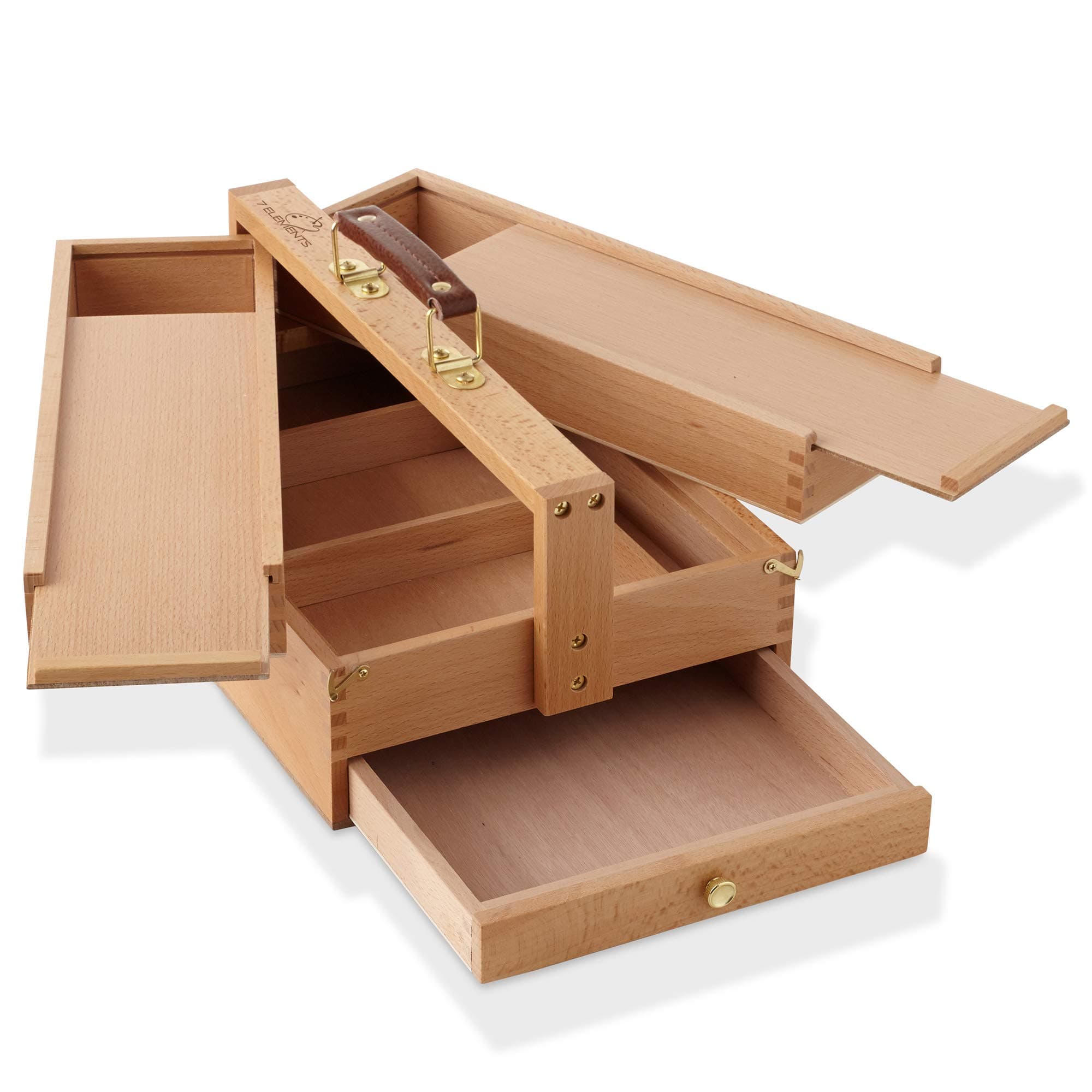 Wooden Multi-Function Artist Tool and Brush Storage Box - Beechwood Art Supply Organizer with Drawers