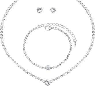 Silver Choker Necklace Earrings Tennis Bracelet Set Cubic Zirconia Crystal Wedding Jewelry Sets for Bride Bridesmaid Prom Formal Costume Accessories