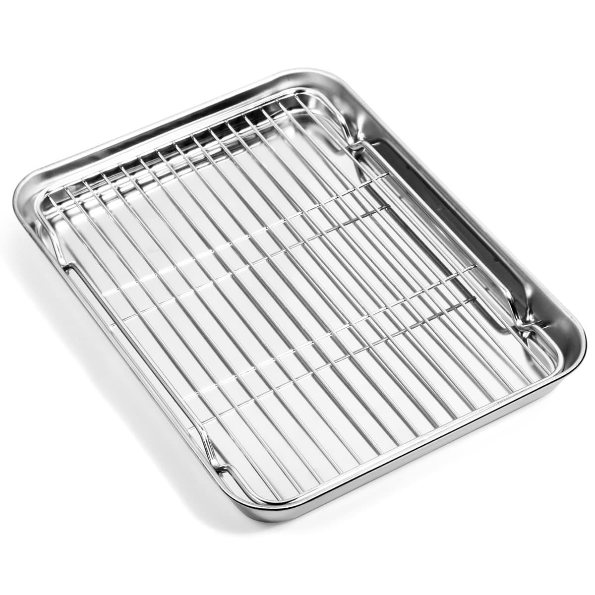 Baking Sheet with Cooling Rack (1 Cookie Sheet + 1 Baking Rack), Stainless Steel Small Baking Sheet Pan with Wire Rack, Toaster Oven Pans Size 10.4 x 8 x 1 Inch, Non-toxic & Heavy Duty & Non-stick