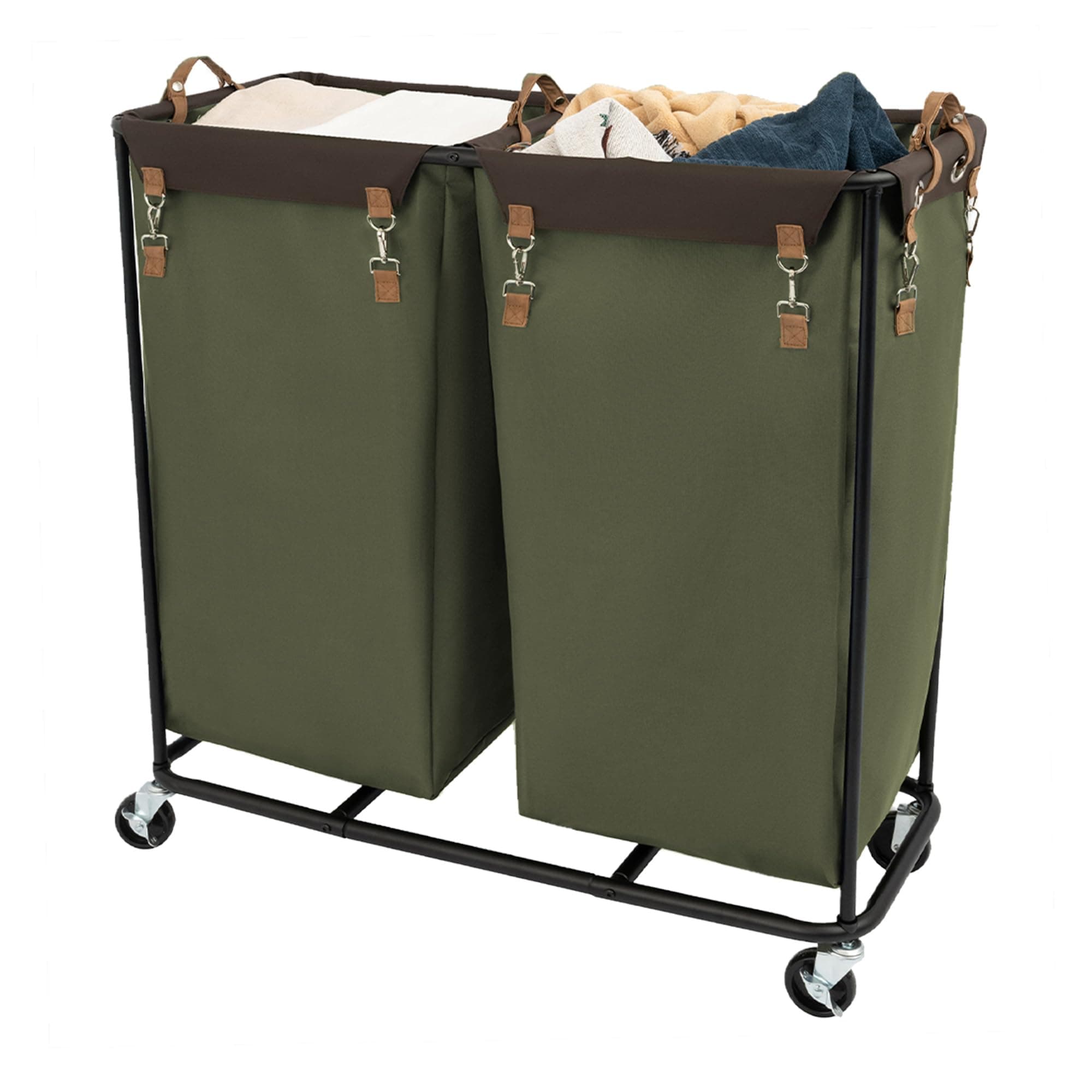 390L Extra Large Laundry Hamper with Wheels, 2 Sections Laundry Basket with Wheels, Clothes Sorter Cart with Divider for Hotel, Home, Green, 37.75"L x 17"W x 37.5"H