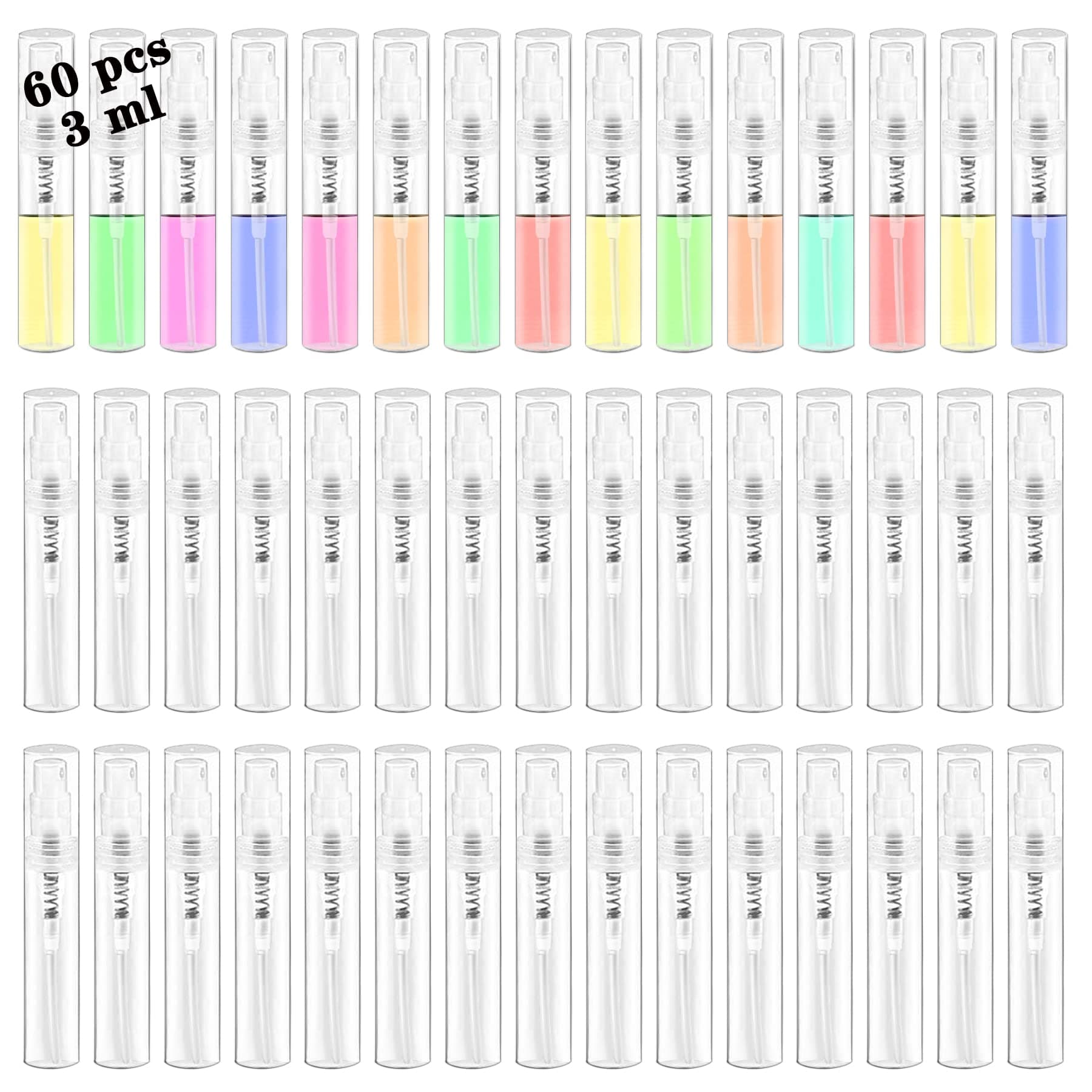 Mini Spray Bottle, Clear Plastic Empty Sample Containers, Fine Mist Perfume Travel Refillable Spray Bottle Perfume Atomizer Small Portable Bottle for Cleaning, Travel, Essential Oils(60, 3ml)