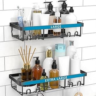 Large Shower Caddy Shelf Organizer Rack, Self Adhesive Black Bathroom Shelves Basket, Home Farmhouse Wall Inside Organization and Storage Decor Rv Accessories