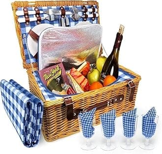 Nature Gear Picnic Basket, Wicker Basket with Handle for Outdoors, Insulated Woven Basket, Includes a Service Kit of Dinnerware & Wine Glasses, Picnic Basket Set for 4 with Blanket, Blue & White