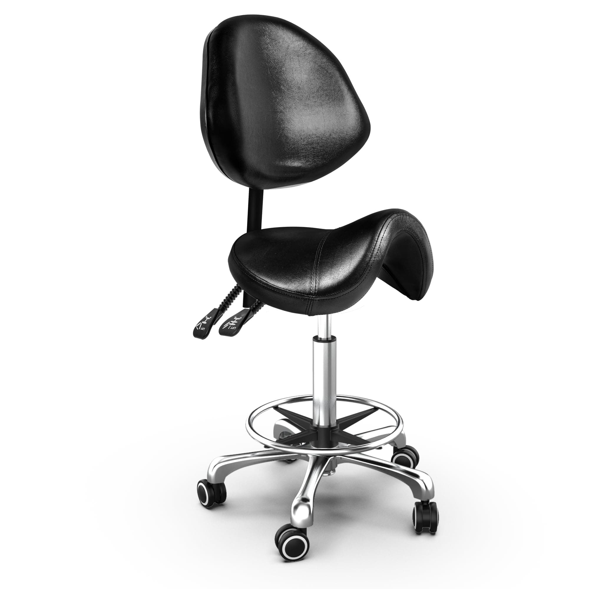 Saddle Stool with Back Support Ergonomic Adjustable Stool with Wheels - Swivel Salon Cutting Stool for Kitchen, Salon, Spa, Tattoo, Pedicure, Massage -Esthetician Chair – Black