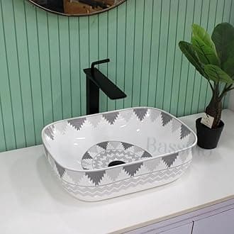 BASSINO Art Ceramic Wash Basin for Bathroom, Living Room, Hall, Dinning Room/Decorative Tabletop Sink for Kitchen/Countertop Vessel Sink for Hotels-Glossy,White & Grey-(18x13x5 Inch)