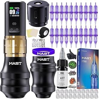 Mast Fold2 Pro Tattoo Kit, Cordless Complete Tattoo Gun Machine Kit, 7 Strokes Length, 2 Grips 40mm & 44mm, Needles Cartridges Black Tattoo Ink Kit