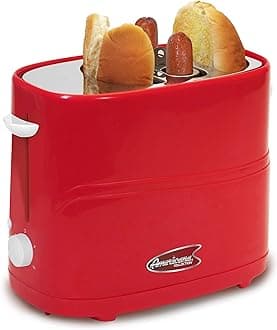 Elite by Americana ECT-542R Retro Pop-Up Hot Dog and Bun Toaster Cooker Machine with Tongs, Heat Veggie Links Kosher Beef Turkey Sausages Bratwurst, 2 Slice, Red
