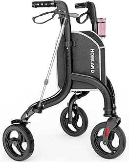 HOMLAND 3 Wheel Walkers for Seniors, Foldable Wheeled Rollator with Cane Hold and Cup Hold, Lightweight Three Wheel Rolling Walker Height Adjustable for Seniors