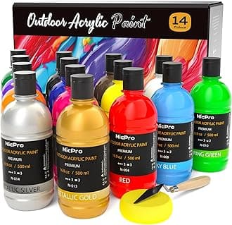 Nicpro 14 Colors Large Bulk Outdoor Acrylic Paint Set (16.9 oz, 500 ml) Rich Art Painting Supplies, Non Toxic for Multi Surface Canvas Rock Wood Leather Fabric Stone Metal Wall Craft with Color Wheel