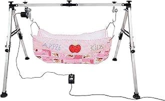 Baby Boy's and Girl's Portable Folding Swing Baby Cradle Ghodiyu Palna with Hammock Having Mosquito Net,Square,Steel,Black Pic1 (Automatic Cradle Kit with Cloth Zoli)