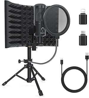 Studio Recording Microphone Isolation Shield with Pop Filter and Metal Tripod Stand, Studio Mic to PC Laptop Smartphone, Music Microphone for Recording Singing Podcasting