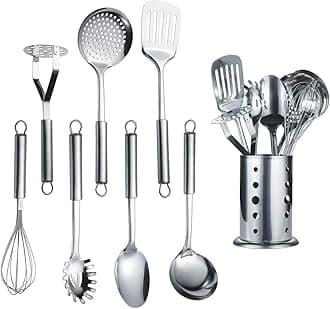 Berglander Stainless Steel Kitchen Utensil 7 Piece with 1 Stand,Cooking Utensils, Slotted Tuner, Ladle, Skimmer, Serving Spoon, Pasta Server,Potato Maseher, Egg Whisk. Kitchen Tools.Steel Utensil Set
