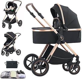 3 in 1 Baby Stroller with Height Adjustable Handle,3 in 1 Prams Travel System, Lightweight Foldable Pushchair, Prams with Aluminum Frame for Portable Baby Carriage