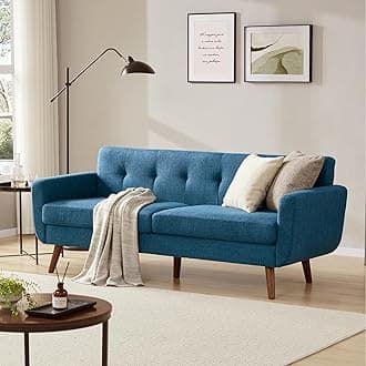 Tbfit 77.2" W Linen Sofa Couch, Mid Century Modern Decor Loveseat Couches for Living Room, Button Tufted Upholstered Small Couch for Bedroom, Solid, and Easy to Install Love Seats Furniture, Blue | linen fabric, button tufted, solid wood foot, pocket spring, wood slats frame