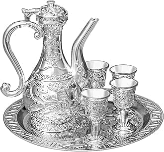 Vintage Turkish Coffee Pot and Cups Set,Teapot Tea Service Set Including 4 Metal Cups and Tea Tray for Tea Table Decor,Wedding Ornament (Silver)