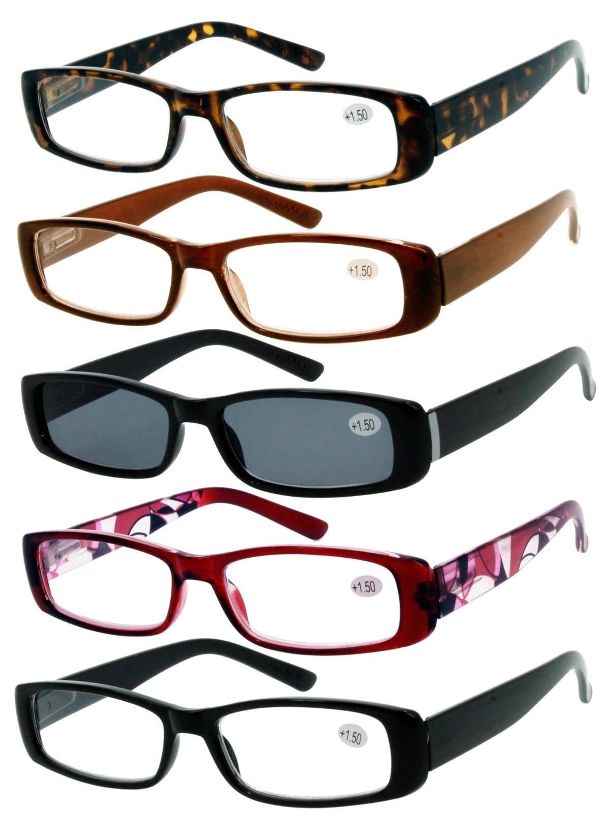 Spring Hinge Plastic Reading Glasses (5-Pack), Includes Sunglass Readers, Scratch Resistant Lenses, 100% UV/UVB Protection