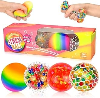 Pipihome 4 Pack Stress Balls Fidget Toys for Adults and Kids, Squeeze Squishy Toys Stress Relief Ball Mesh Sensory Balls Rainbow Ball Easter Basket Stuffers Party Bag Fillers Boys Girls Gifts