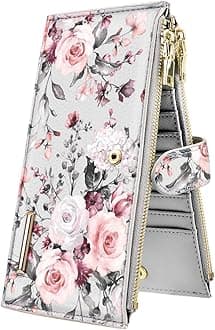 Womens RFID Blocking Multi Card Organizer Bifold Wallet with Zipper Pocket,Grey Flowers