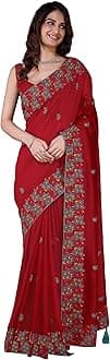 - Women's Vichitra Silk Heavy Embroidred work Saree with Unstitched Blouse Piece