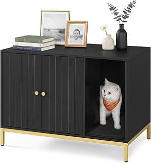 Feandrea Litter Box Enclosure, Modern Cat Litter Box Furniture Hidden, with Scratching Mat, Tall Legs, Cat House for Indoor Cats, Side End Table, 31.5 x 19.7 x 21.7 Inches, Black and Gold UPCL007B01