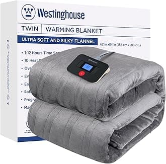 Westinghouse Electric Blanket Twin Size, Super Cozy Soft Flannel 62"" x 84"" Heated Blanket with 10 Fast Heating Levels & 1-12 Auto-Off, Machine Washable, ETL&FCC Certification, Light Grey