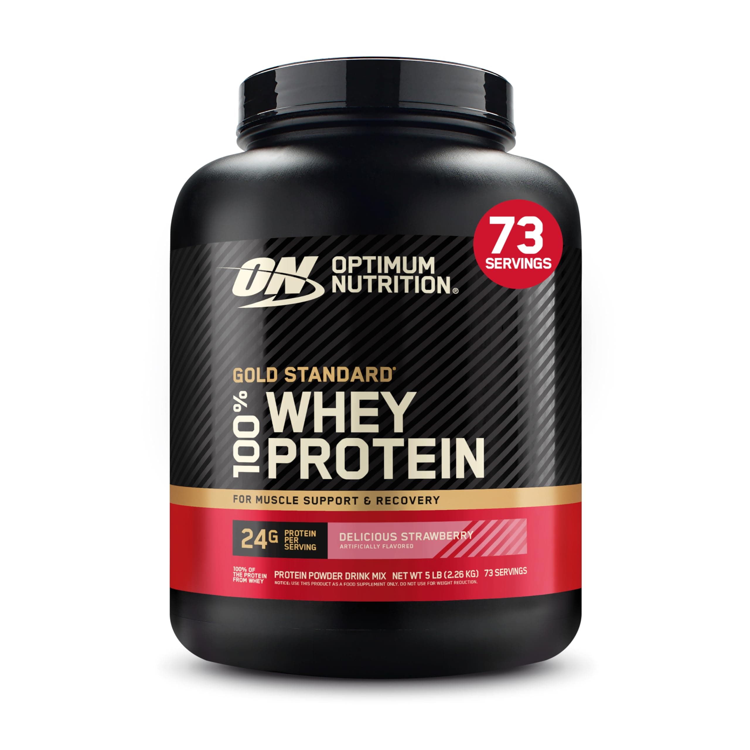 Optimum Nutrition (ON) Gold Standard 100% Whey Protein Powder Primary Source Isolate, 24 Grams of Protein for Muscle Support and Recovery - Delicious Strawberry, 5 Lbs, 73 Servings (2.27 KG)