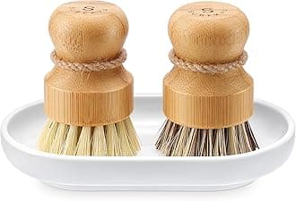 SUBEKYU Bamboo Dish Scrub Brushes, Bubble Up Bamboo Dish Brush Set with Brush Tray, Kitchen Wooden Cleaning Scrubbers Set for Washing Cast Iron Pan/Pot, Natural Sisal +Coconut Palbristles, Set of 2