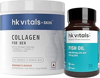 hk vitals Marine Collagen Supplement for Men (Orange, 200g) with Fish Oil (30 Capsules)| Vitamin C, E, Sodium Hyaluronate | For Youthful & Glowing Skin