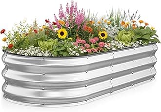 Kesfitt Raised Garden Bed, 5x2x1 FT Galvanized Steel Metal Raised Garden Bed, Oval Open-Bottom Design, 12-Inch Deep for Outdoor Vegetable & Herb Gardening, Silver