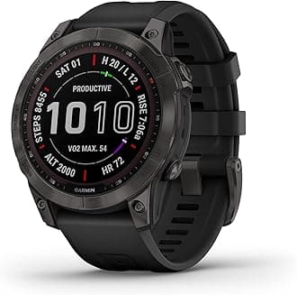 Garmin fenix 7 Sapphire Solar, adventure smartwatch, with Solar Charging Capabilities, rugged outdoor watch with GPS, touchscreen, wellness features, carbon gray DLC titanium with black band