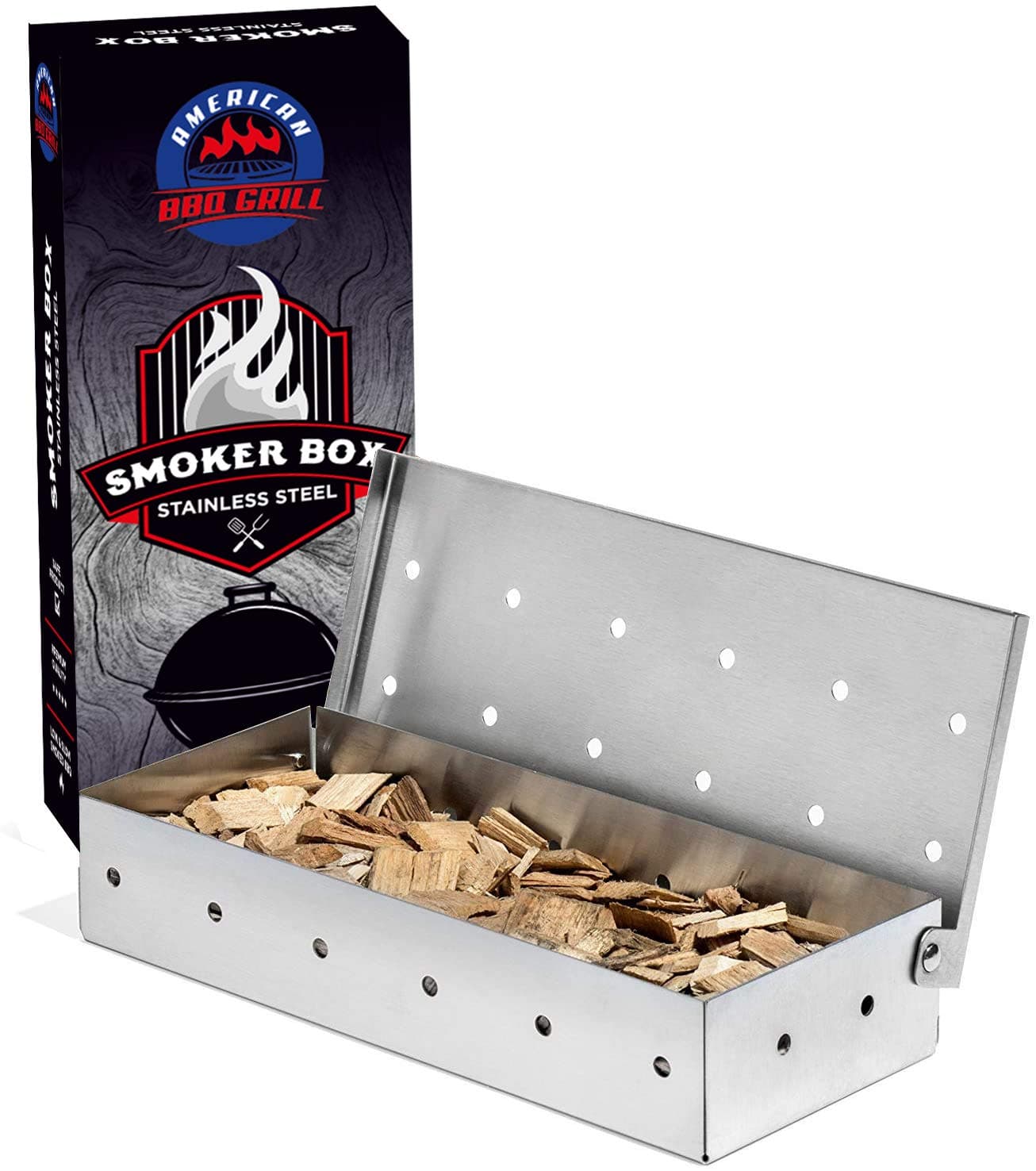 – Smoker Box - For Smoking Wood Chips and Woodchips - Heavy Duty Stainless Steel - Smoky Flavor Grilled Meat and Fish - For Gas and Charcoal Grill - Perfect Smokebox Gift for Him