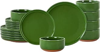 Modern Art Series - 18 Pcs Speckled Stoneware Plates and Bowls Sets, Ceramic Dinnerware Set with Rustic Terracotta Underside, Microwave and Dishwasher Safe Handcrafted Dishes Set - Verdant Green