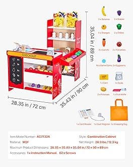 VEVOR Kids Pretend Play Grocery Store, Wooden Supermarket Toy Set with Shopping Bag, Conveyor Belt, Scanner, Cash Register, Realistic Scale, Gift for Boys & Girls