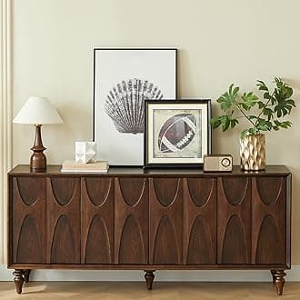 LKTART 62.99" Sideboard Buffet Cabinet with Storage, Solid Wood Kitchen Storage Cabinet Credenza Accent Console Table with Solid Wood Roman Legs Dovetail Door Trim Panel Ash Veneer,Walnut