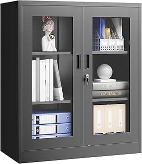 Display Cabinet with Acrylic Doors, 35.4 Inches Metal Curio Storage Cabinet with 2 Adjustable Shelves, Locking Display Case for Home, Office, Clinic, Pantry, Assemble Required (Black)