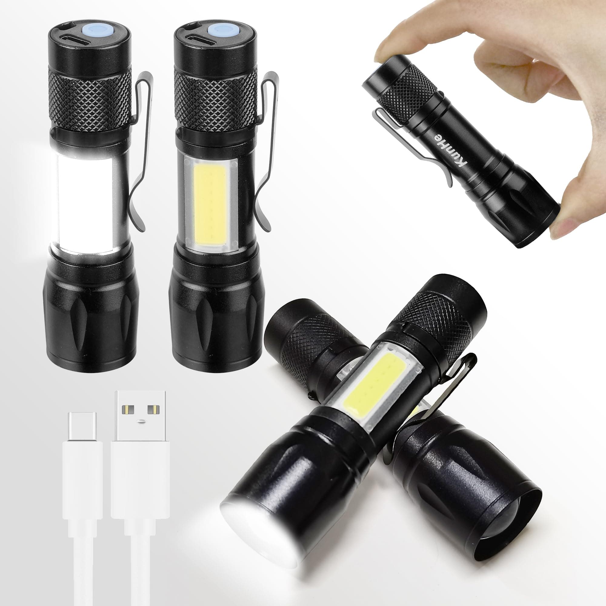 KunHe Rechargeable Flashlights USB-C mini Small LED Lantern Flashlights Bright Clip-On Light EDC Flash Light with Side COB Light for Camping Home Emergency 4 Pack