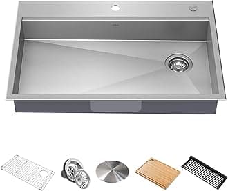 KWT310-33/5.5 Kore ADA Workstation 33-inch Drop-In Topmount 16 Gauge Stainless Steel Single Bowl Kitchen Sink with Accessories