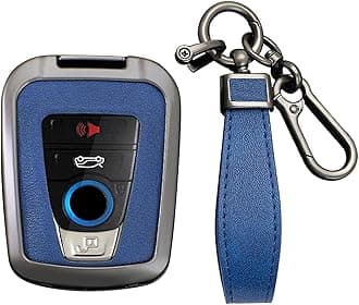 Leather Metal Car Key Fob Cover Case Fit for BMW I3 I8 2014-2022 Key Fob Shell Protetcor with USA Flag Keychain Accessories 4 Button B Gun Blue