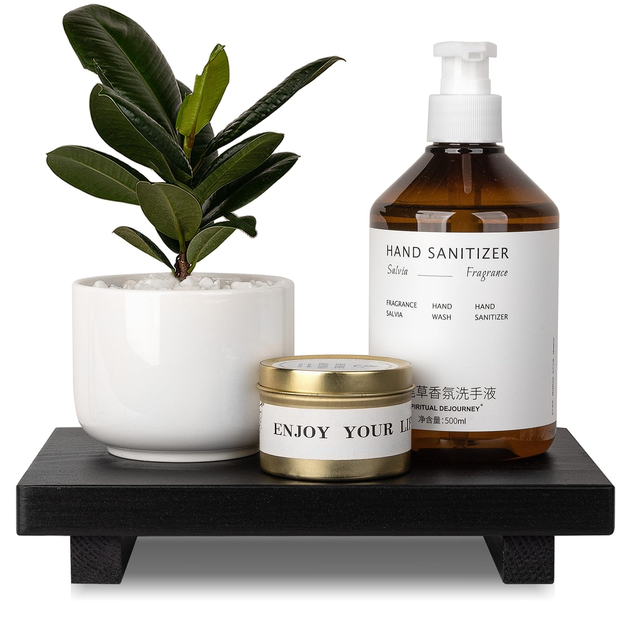 Bathroom Counter Organizer Wood Pedestal Stand Farmhouse Decorative Tray Soap Holder for Kitchen Decor, 9" x 6" - Black