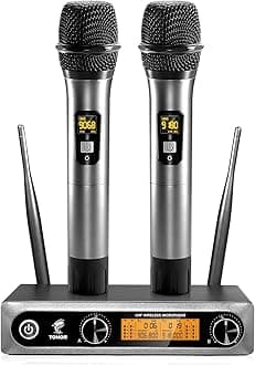 Wireless Microphones System, 2 * 15 Channel Metal Professional UHF Cordless Dynamic Handheld Mics with Receiver for Home Karaoke, Meeting, Party, Church, Wedding, KTV, 60 m/200ft, TW-820 Silver