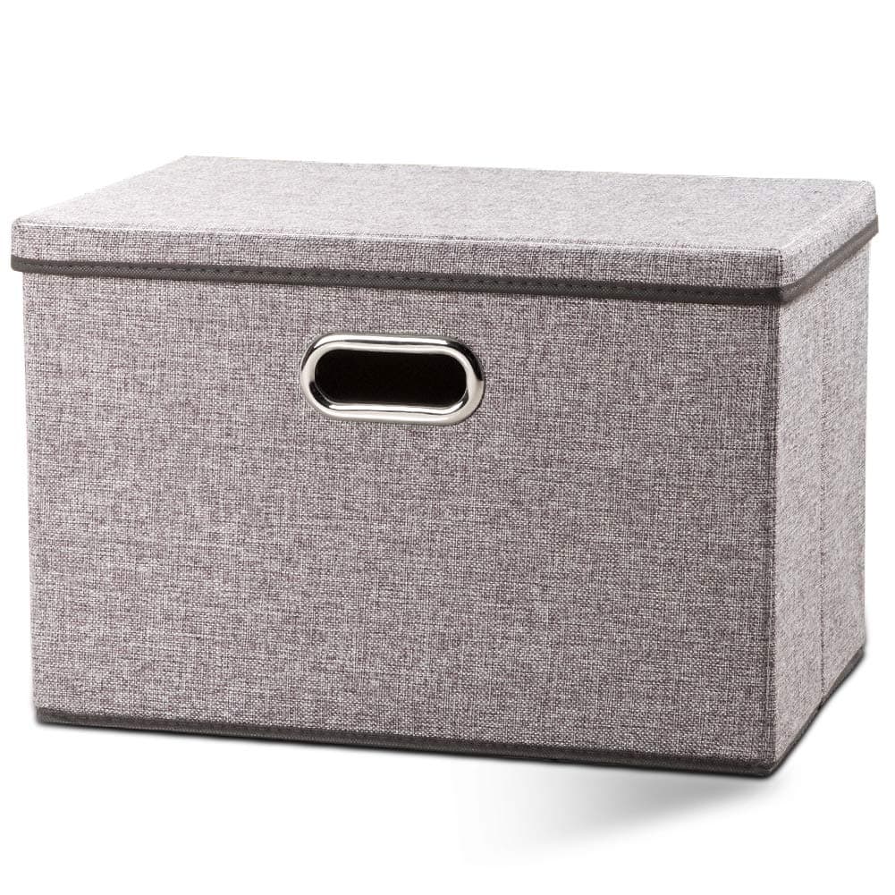 PRANDOM Large Foldable Storage Bin with Lid [1-Pack] Linen Fabric Decorative Storage Box Organizer Containers Basket Cube with Handles Divider for Bedroom Closet Office Living Room (17.7x11.8x11.8)