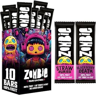 Zombie Fruit Bars, Strawberry & Blackberry (10 Bars, 2 Flavours), 100% Dried Fruit, Healthy Snacks, Adults, Kids, Office, Low Calorie, Gluten Free, Vegan, Halal, Bulk, Real Fruit, No Added Sugar