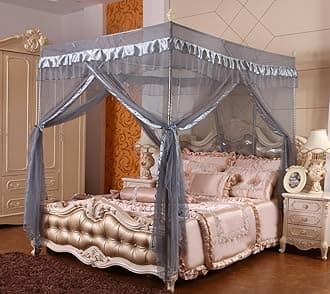 Princess 4 Corners Post Bed Curtain Canopy Netting (King, Gray)