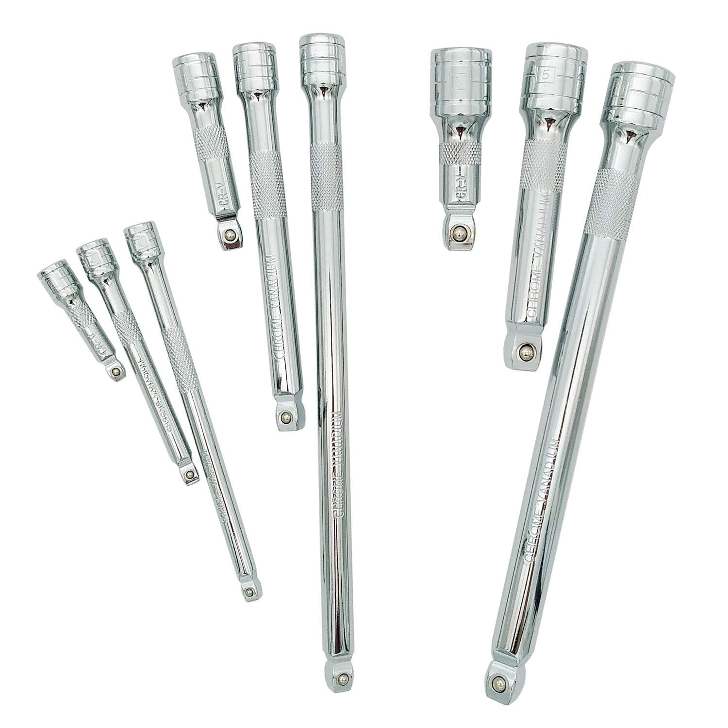 Wobble Socket Extension Bar Set 9-Pcak, 1/4",3/8" and 1/2" Drive Extension, CR-V Steel & Visibility Markings, Partially Inserted for Wobble, VASTOOLS