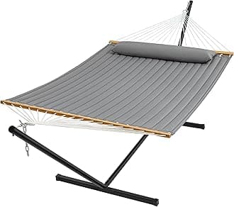 SUPERJAREHammock with Stand, 2 Person Quilted Outdoor Hammock, Detachable Pillow & Bamboo Spreaders, Portable Hammock with Carrying Bag, Heavy Duty Stand, Perfect for Outside, Patio, Gray